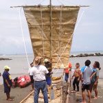 Duff-Islands-Taumako-tribes-members-and-Fara’ngaw-tribe-members-prepare-the-Traditional-Bamboo-raft-vessel-for-sailing-trials-offshore-of Mamula-Beach-in-Taitung,-Taiwan