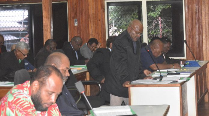 Premier Martin Gaote'e Fini is presenting his speech during the full assembly meeting yesterday.