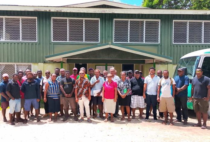 Malaita province’s Minister for Finance and Treasury, Hon Lemuel Kevianga (5th from right) with members of PPDC and MPG’s HoD during the PPDC meeting in Auki on Monday.