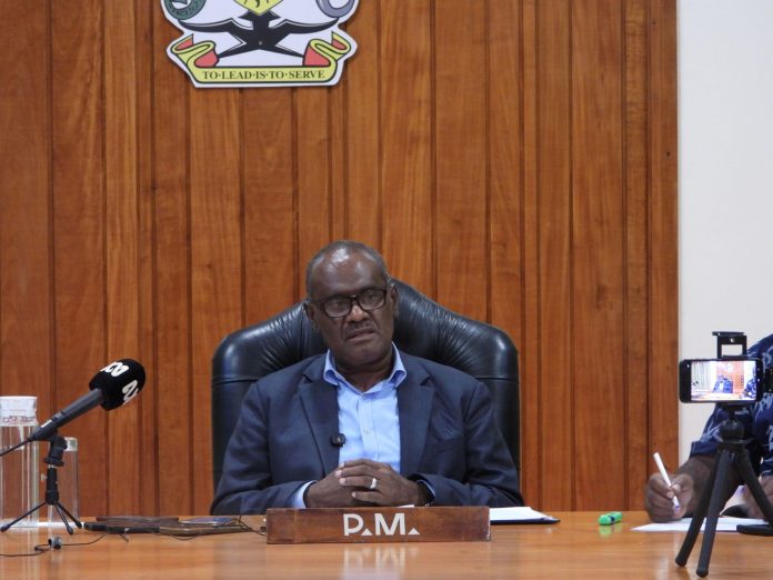 Prime Minister Jeremiah Manele addressing the media on GNUT's one year anniversary yesterday.