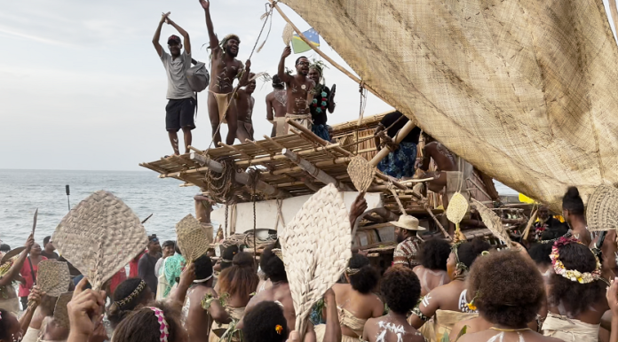 Tradtional dancers from Temotu Province celebrate the landing of Tepuke in Honiara