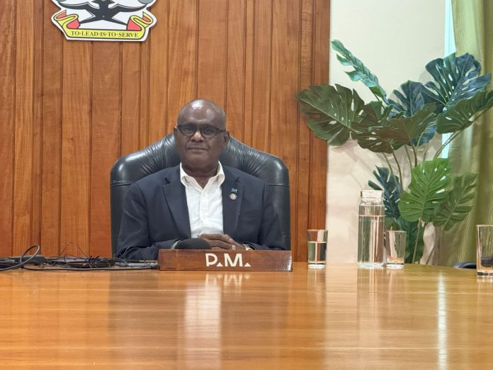 Prime Minister Manele speaking to local media during a press conference yesterday.