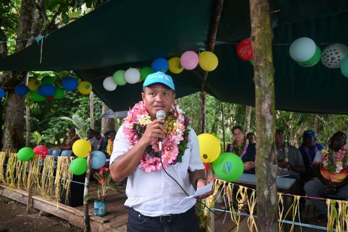 UNICEF Sanitation Specialist Mr Basilius Kris Cahyanto speaking at the village.