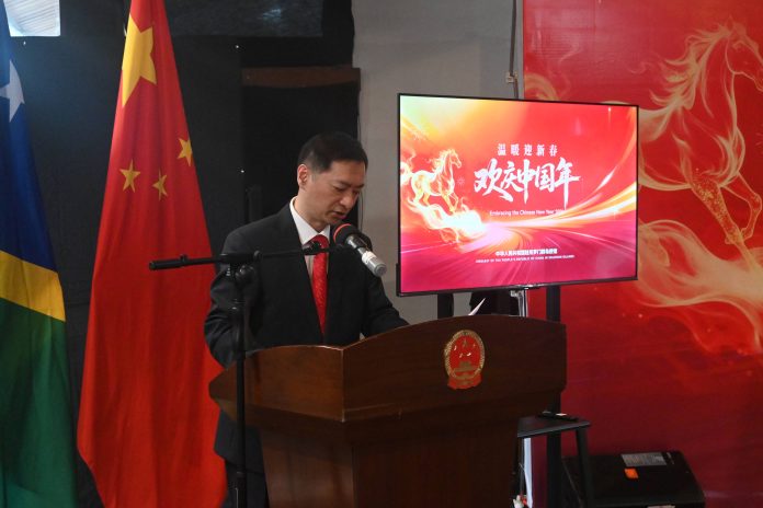 Chinese Ambassador to the Solomon Islands, H.E Cai Weiming making his speech at the reception celebrating the 2026 Chinese New Year.
