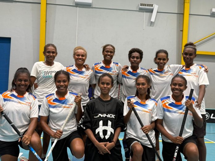 USPSI Bullets Floorball Womens team at the Friendship Hall on Sunday after a victory win. photo supplied.