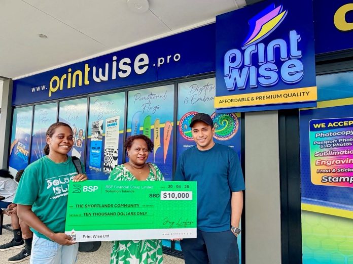 Photo caption L to R Regina Lepping (Secretary) and Angela Anisi (Vice Chairlady) receiving the cheque on behalf of the Shortlands communities from Print Wise General Manager, Jay Liofasi. Photo supplied