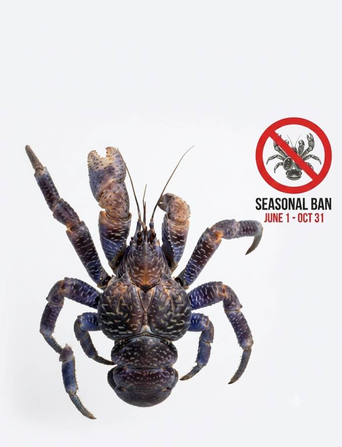 A coconut crab and seasonal ban dates (June 1–Oct 31). Photo credit MFMR